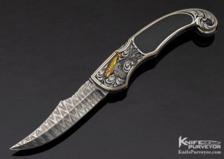 Joe Kious Custom Knife Stainless Steel Damascus & Edwards Black Jade Interframe Persian Automatic Engraved by Julie Warenski 11356