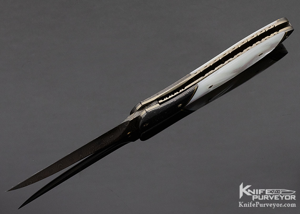 Joel Chamblin Custom Knife Blued Damascus and Mother of Pearl Linerlock - Image 7