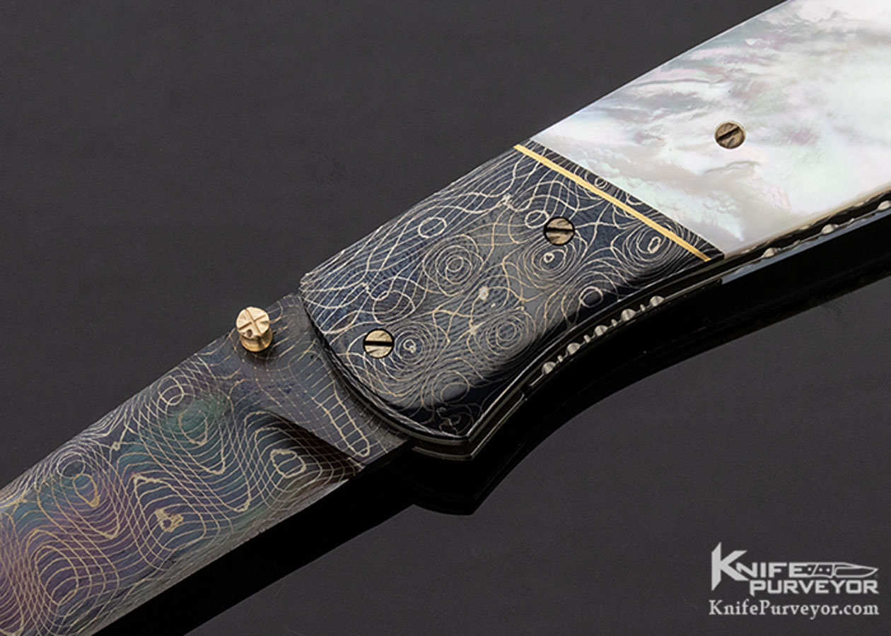 Joel Chamblin Custom Knife Blued Damascus and Mother of Pearl Linerlock - Image 2