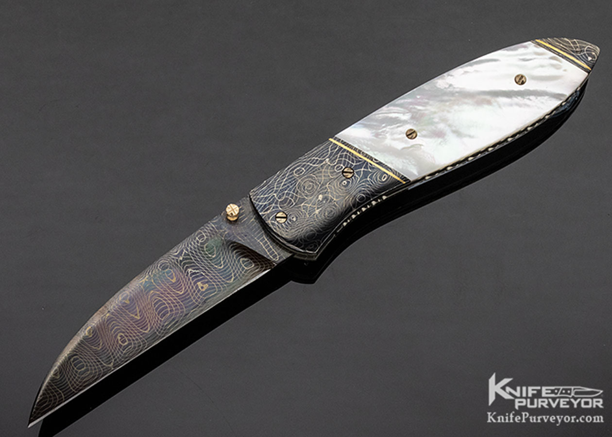 Joel Chamblin Custom Knife Blued Damascus and Mother of Pearl Linerlock 11307
