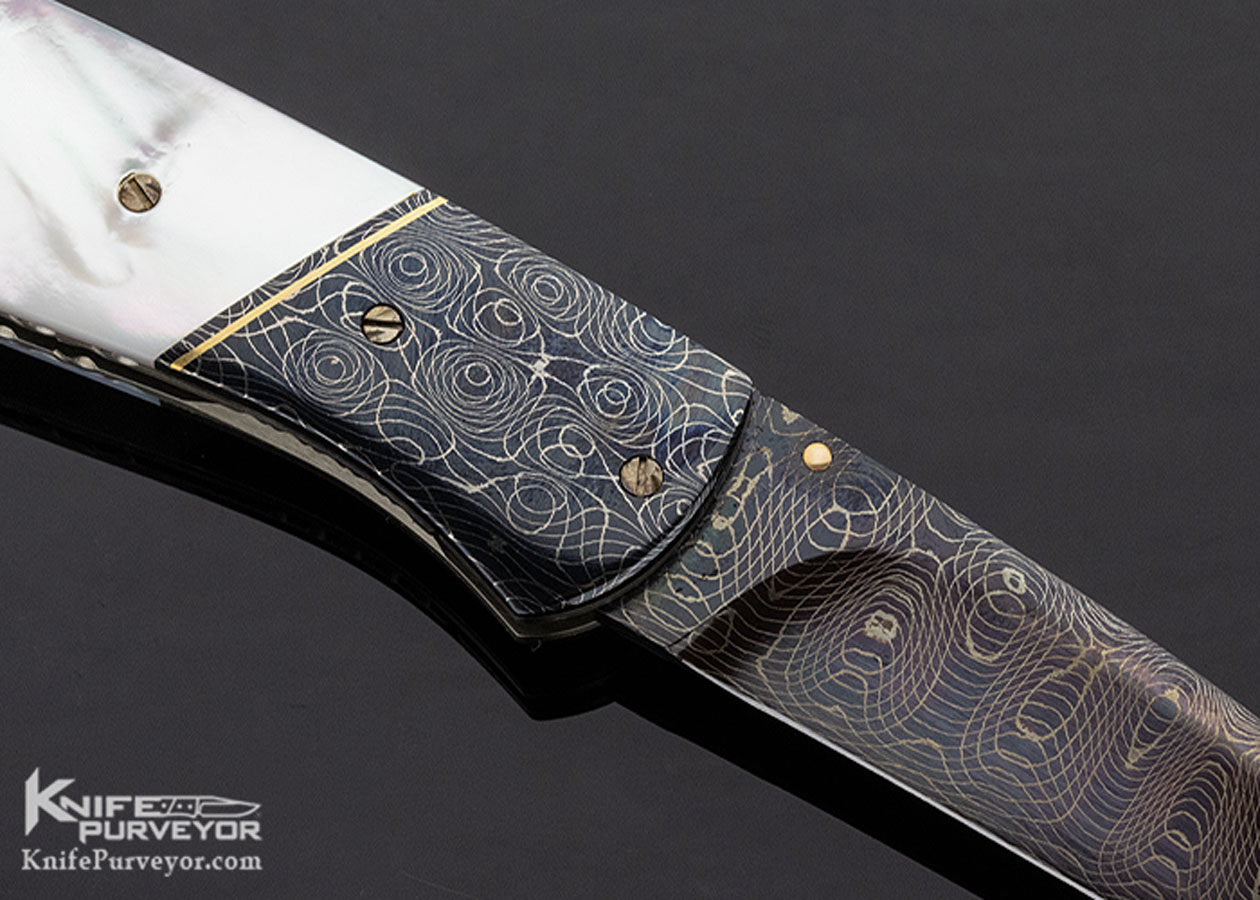 Joel Chamblin Custom Knife Blued Damascus and Mother of Pearl Linerlock - Image 5