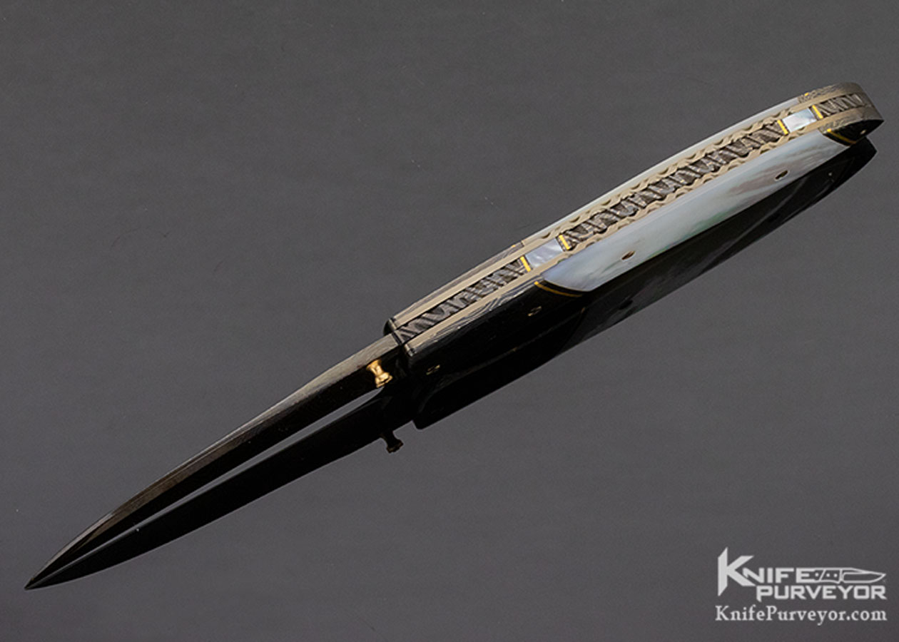 Joel Chamblin Custom Knife Blued Damascus and Mother of Pearl Linerlock - Image 6
