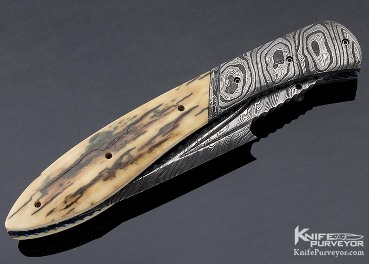 John Etzler Custom Knife Damascus & Mammoth Linerlock Folder - Image 3