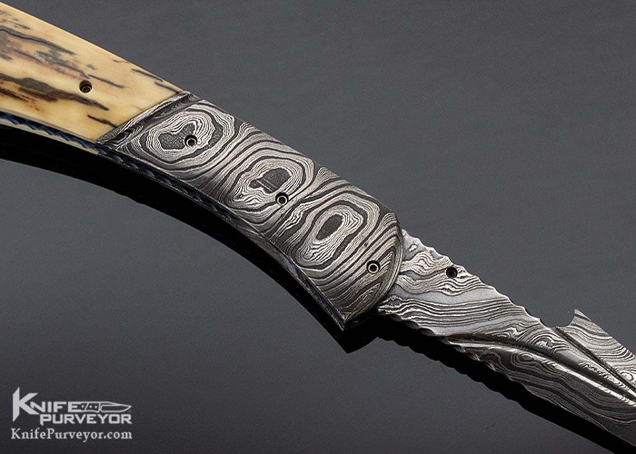 John Etzler Custom Knife Damascus & Mammoth Linerlock Folder - Image 5