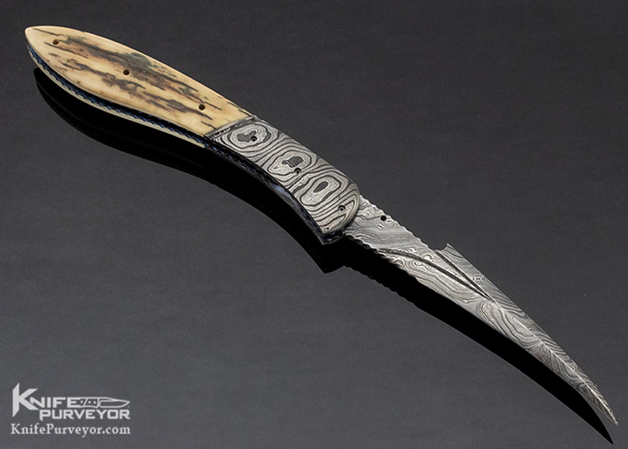 John Etzler Custom Knife Damascus & Mammoth Linerlock Folder - Image 4