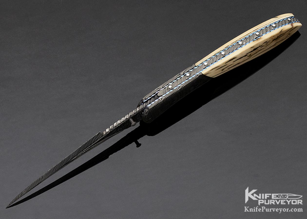 John Etzler Custom Knife Damascus & Mammoth Linerlock Folder - Image 6
