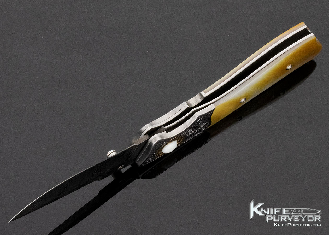 Jot Singh Khalsa Custom Knife Gold Lip Pearl & Damascus Linerlock Engraved by David Perdue - Image 7