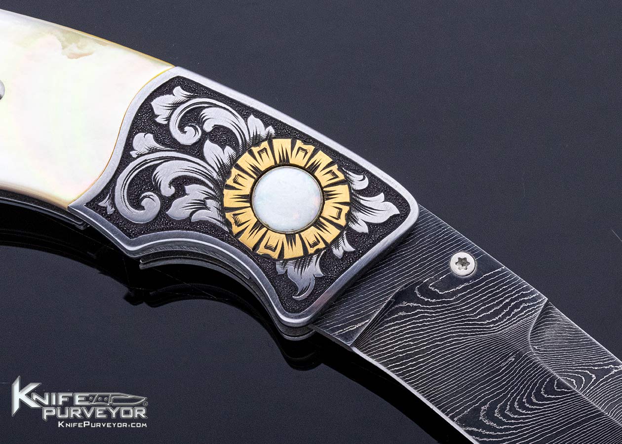 Jot Singh Khalsa Custom Knife Gold Lip Pearl & Damascus Linerlock Engraved by David Perdue - Image 5