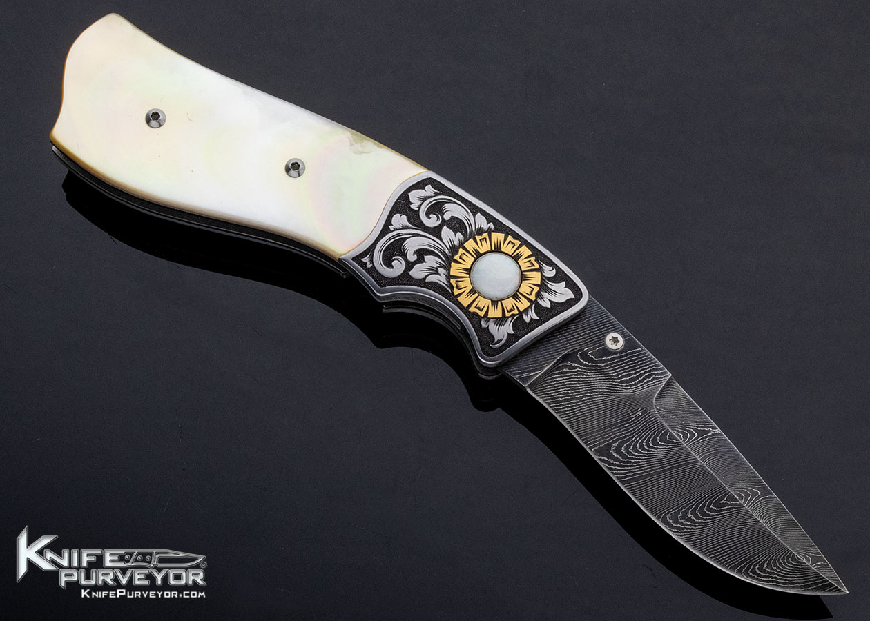 Jot Singh Khalsa Custom Knife Gold Lip Pearl & Damascus Linerlock Engraved by David Perdue - Image 4