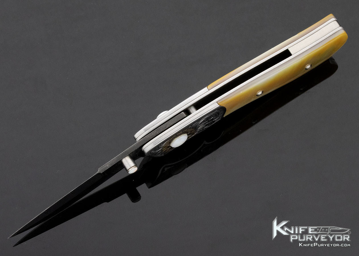 Jot Singh Khalsa Custom Knife Gold Lip Pearl & Damascus Linerlock Engraved by David Perdue - Image 6