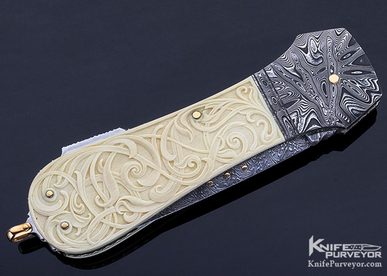 Kaj Embretsen Custom Knife Sole Authorship Damascus & Isak Bergh Carved Mammoth Lockback Dagger - Image 3