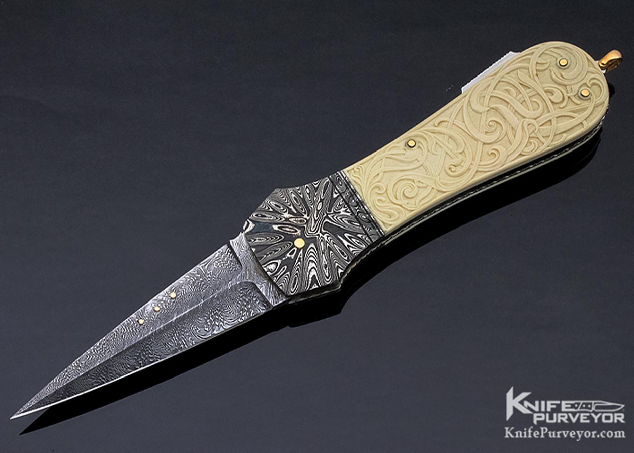 Kaj Embretsen Custom Knife Sole Authorship Damascus & Isak Bergh Carved Mammoth Lockback Dagger 11357