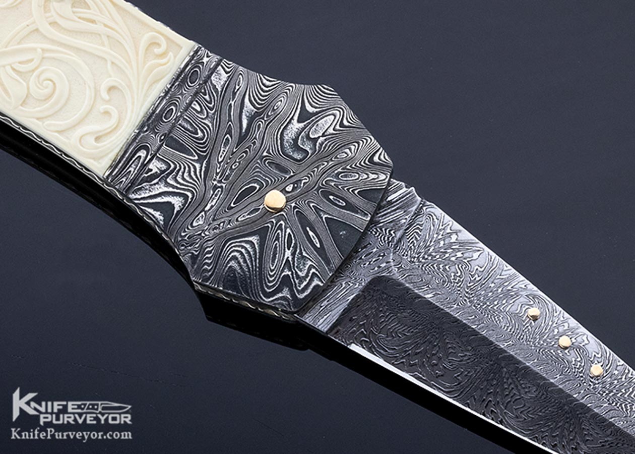 Kaj Embretsen Custom Knife Sole Authorship Damascus & Isak Bergh Carved Mammoth Lockback Dagger - Image 5