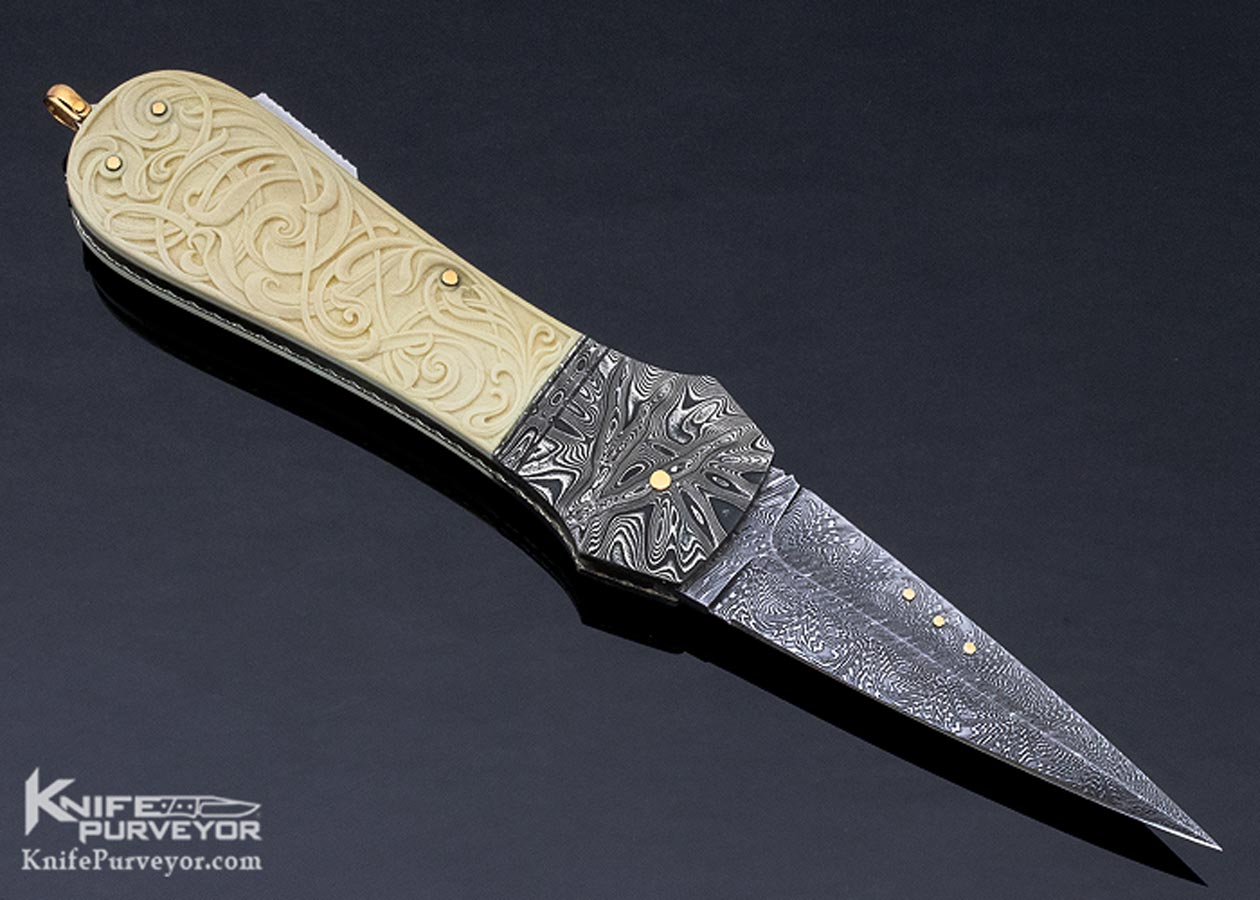 Kaj Embretsen Custom Knife Sole Authorship Damascus & Isak Bergh Carved Mammoth Lockback Dagger - Image 4