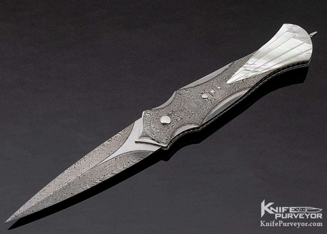 Matthew Lerch Custom Knife Damasteel & Mother of Pearl Shell "Paia Dagger" Credit Card Automatic Linerlock 11366