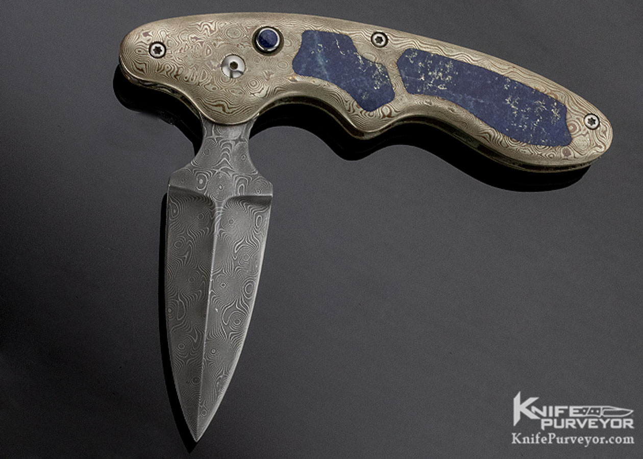 Mel Pardue Custom Knife Damascus Mokume and Lapis Lazuli Button Release Automatic Push Dagger 11351