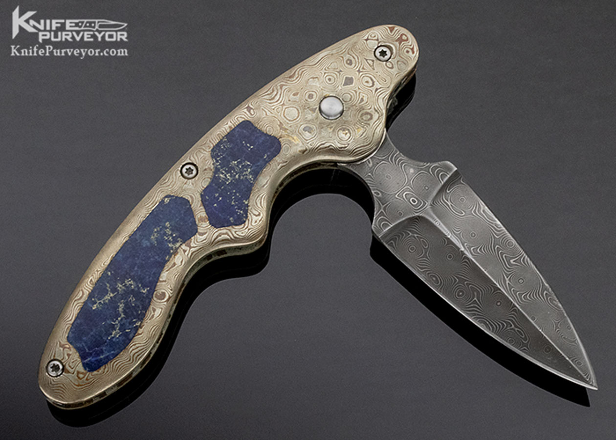 Mel Pardue Custom Knife Damascus Mokume and Lapis Lazuli Button Release Automatic Push Dagger - Image 4