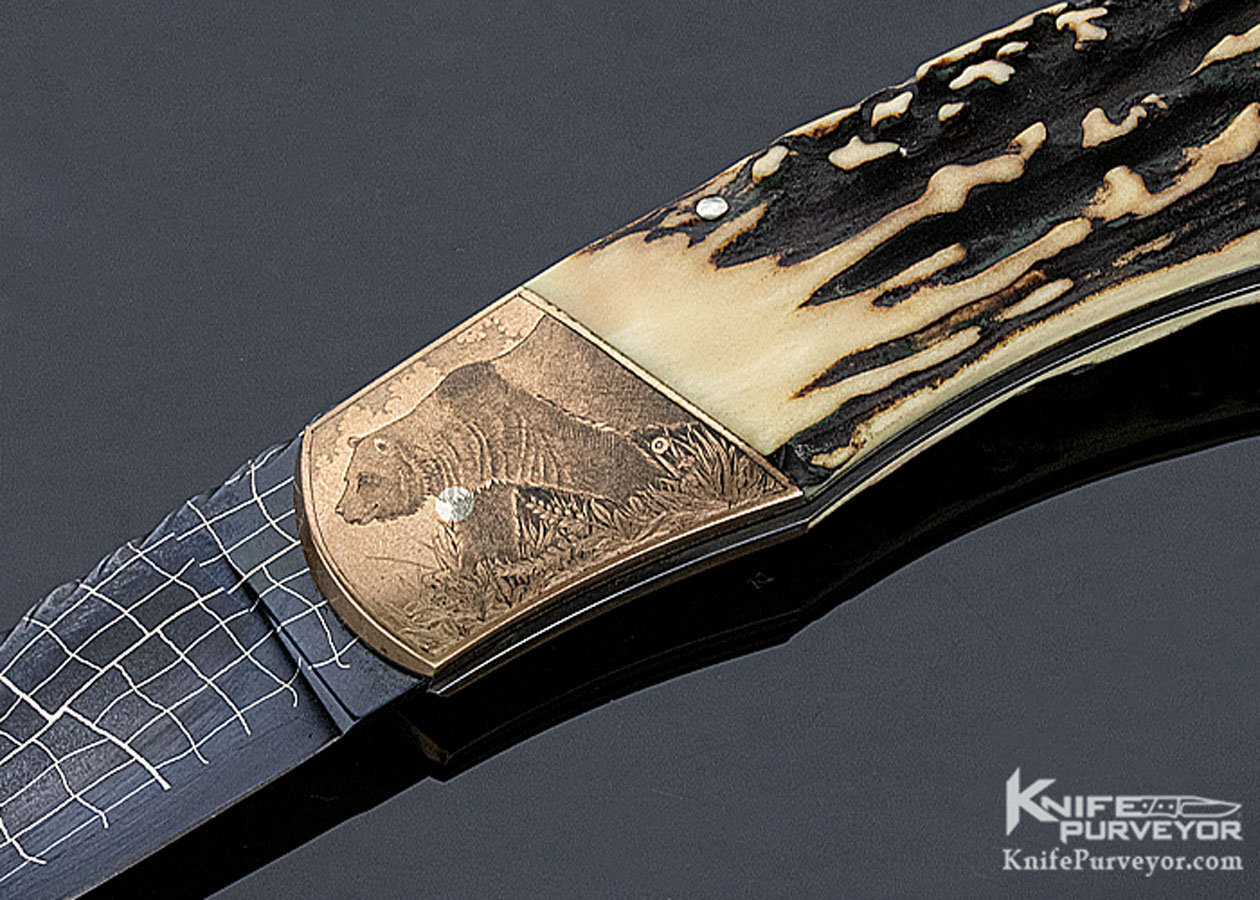 Rick Hinderer Custom Knife Damascus & Popcorn Stag Tail Lock "Grizzly Bear" Engraved by Chris Meyer - Image 2
