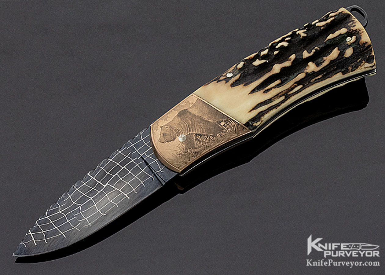 Rick Hinderer Custom Knife Damascus & Popcorn Stag Tail Lock "Grizzly Bear" Engraved by Chris Meyer 11335