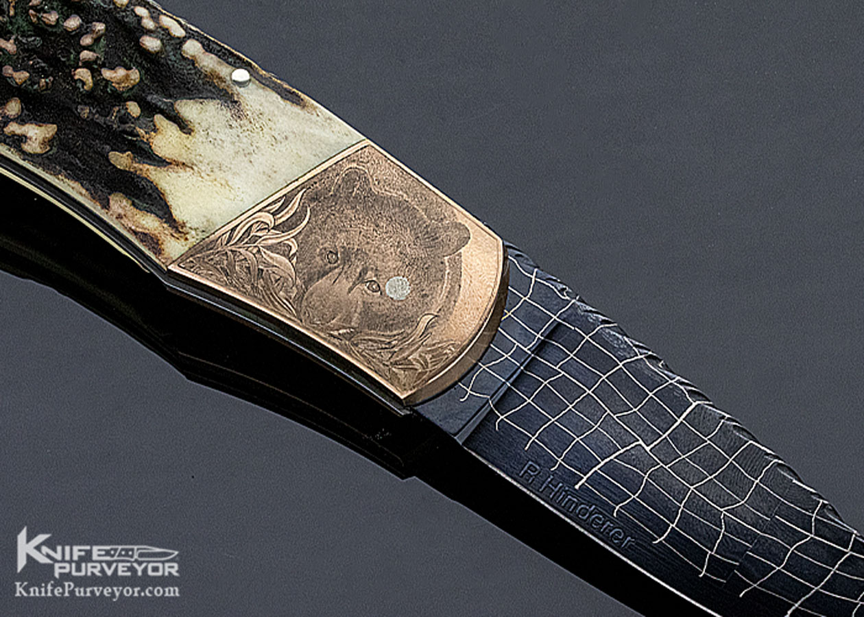 Rick Hinderer Custom Knife Damascus & Popcorn Stag Tail Lock "Grizzly Bear" Engraved by Chris Meyer - Image 5