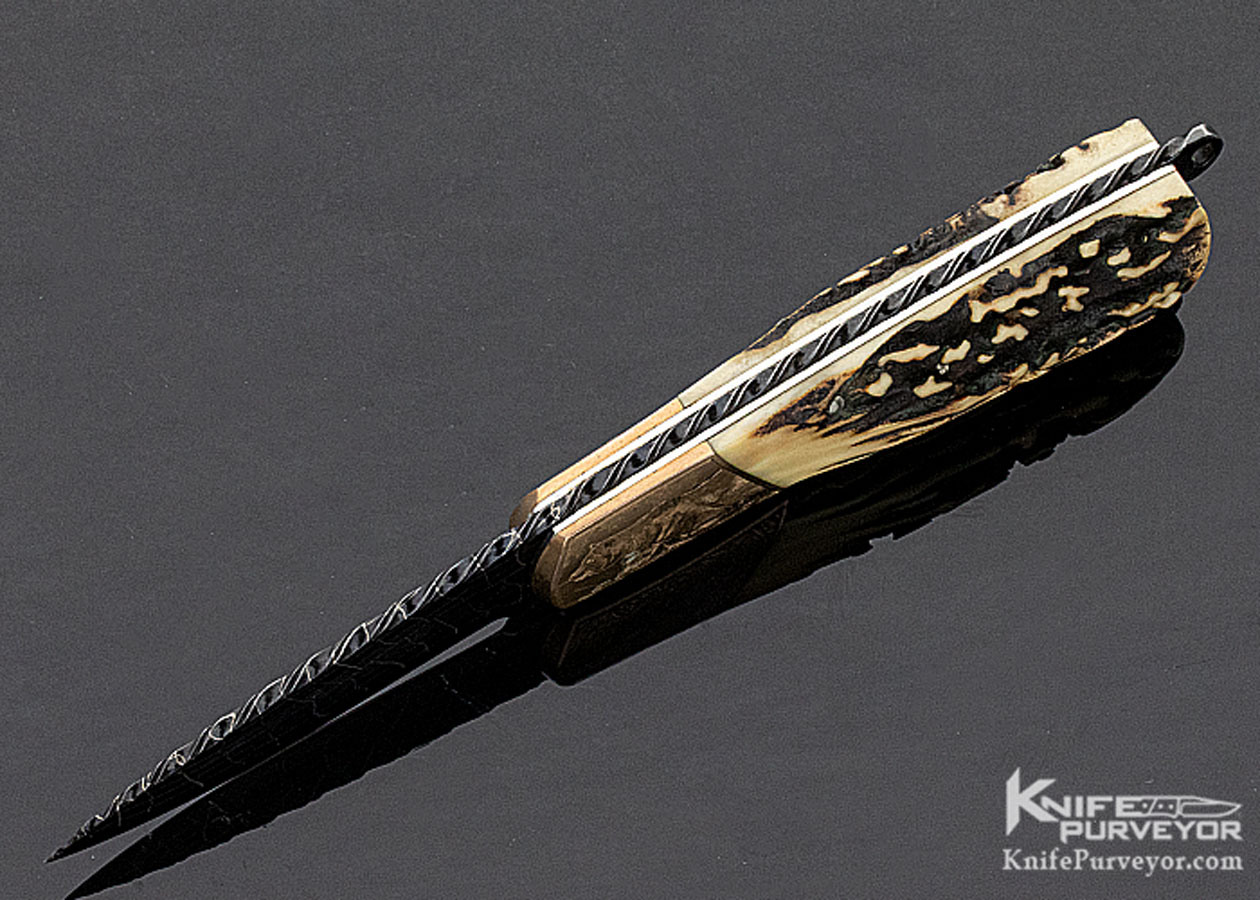 Rick Hinderer Custom Knife Damascus & Popcorn Stag Tail Lock "Grizzly Bear" Engraved by Chris Meyer - Image 6