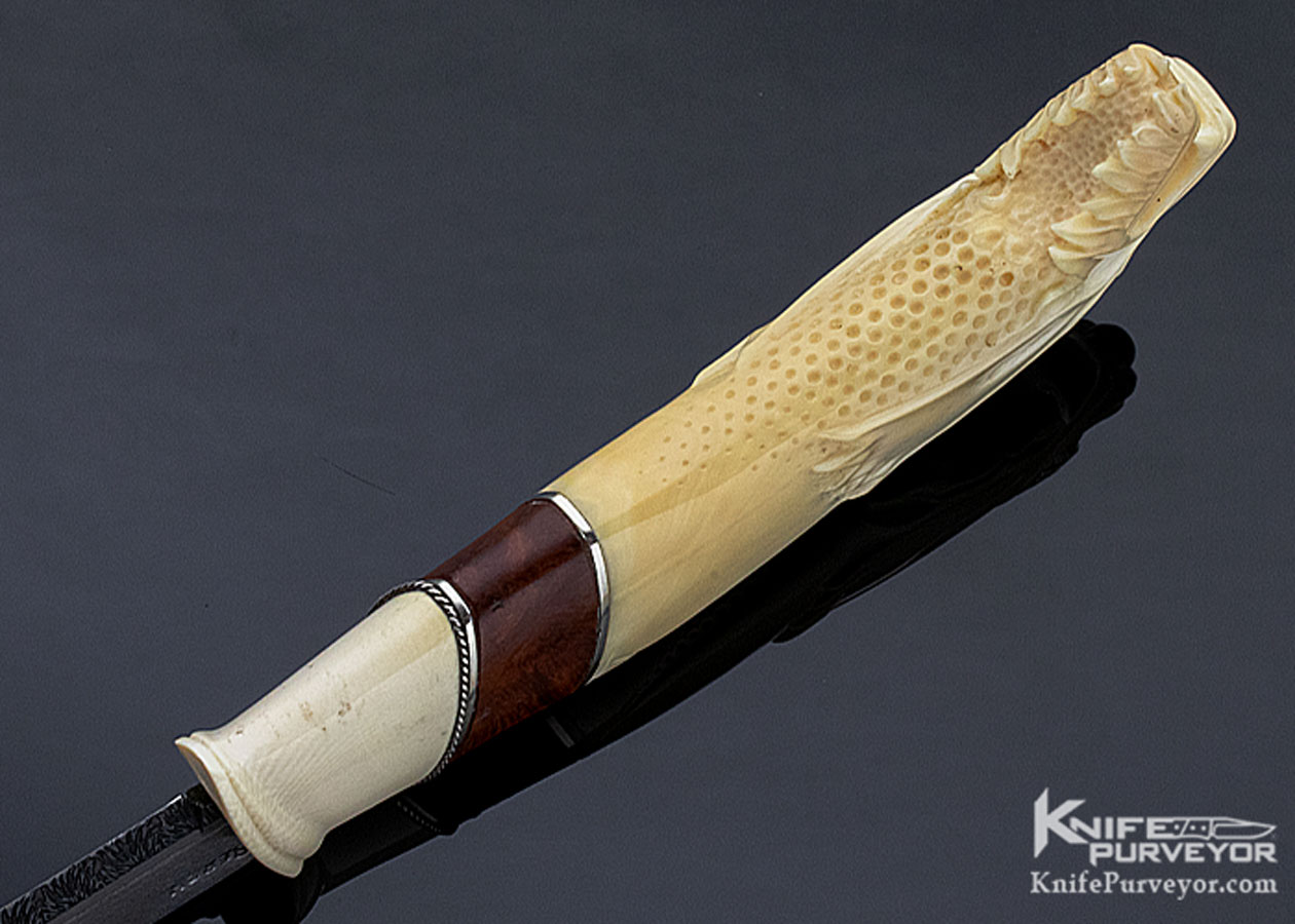 Roger Bergh Custom Knife "Nordic Wolf" Carved Mammoth and Sole Authorship Multibar Damascus Fixed Blade - Image 6