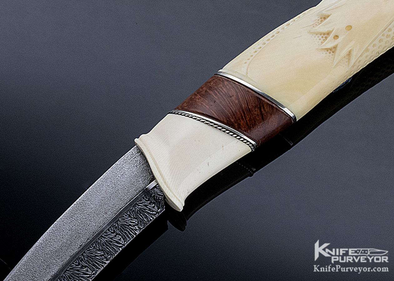 Roger Bergh Custom Knife "Nordic Wolf" Carved Mammoth and Sole Authorship Multibar Damascus Fixed Blade - Image 2