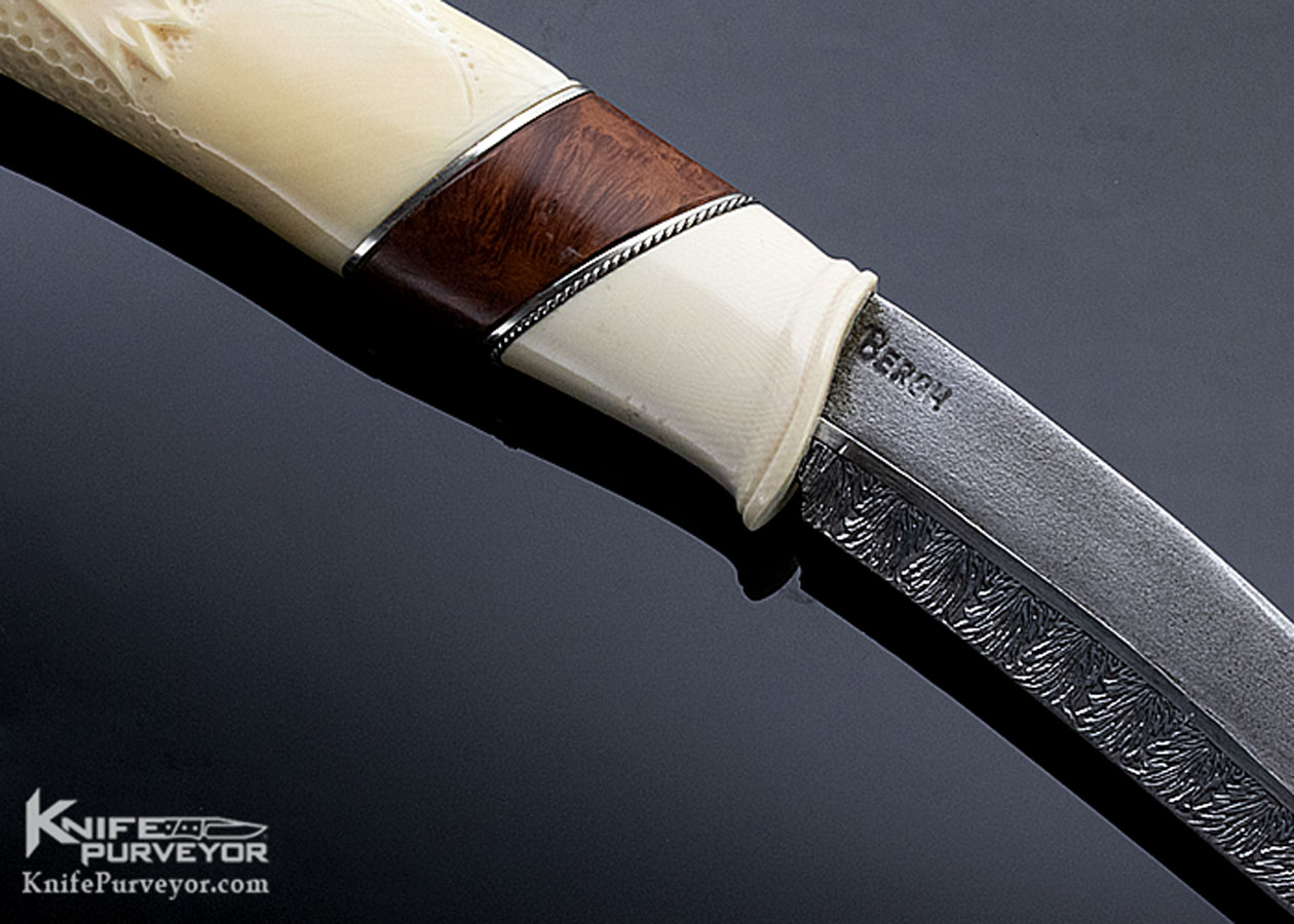 Roger Bergh Custom Knife "Nordic Wolf" Carved Mammoth and Sole Authorship Multibar Damascus Fixed Blade - Image 4