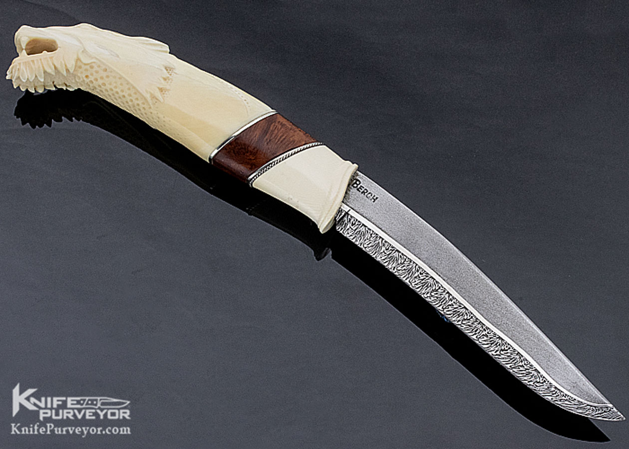 Roger Bergh Custom Knife "Nordic Wolf" Carved Mammoth and Sole Authorship Multibar Damascus Fixed Blade - Image 3