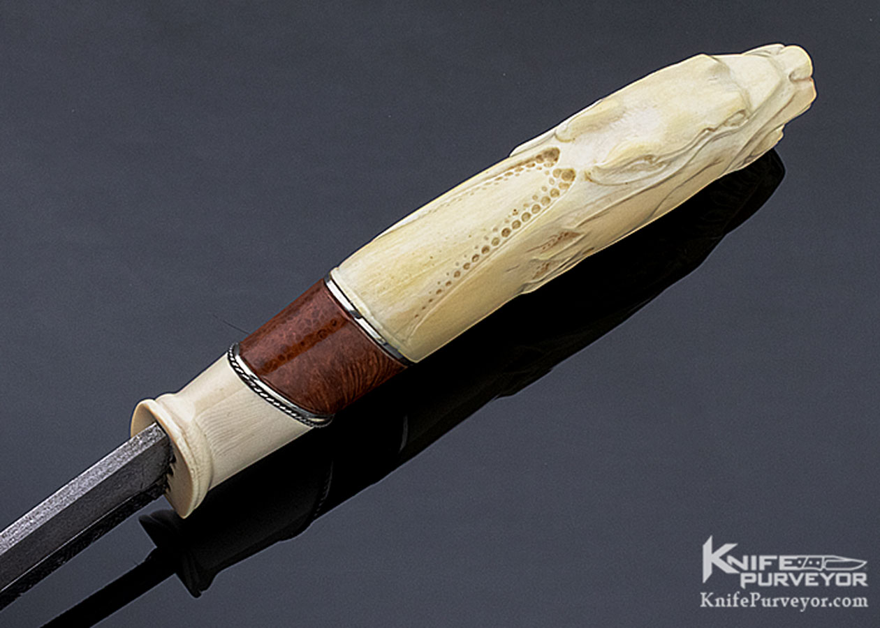 Roger Bergh Custom Knife "Nordic Wolf" Carved Mammoth and Sole Authorship Multibar Damascus Fixed Blade - Image 5