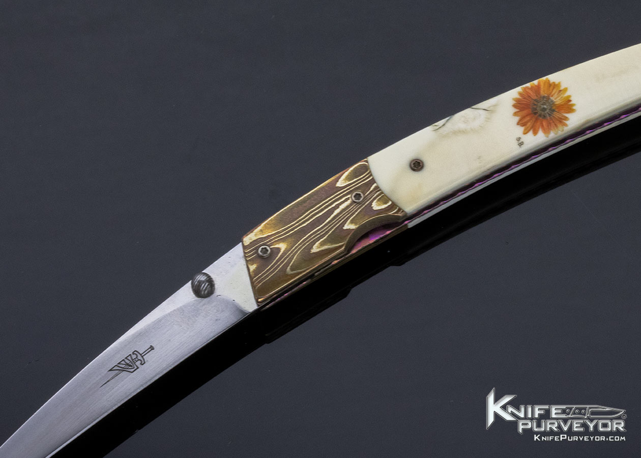 William L. Burger Custom Knife Mokume & Sandra Bradey Scrimshawed Warthog Tooth Linerlock - Image 2