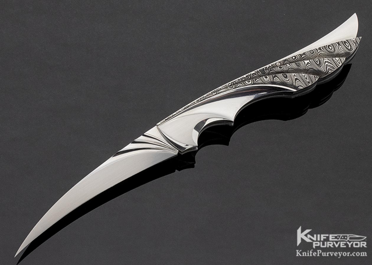 Wolfgang Loerchner Custom Knife Fluted Stainless Steel and Damascus Lockback Wing 11157