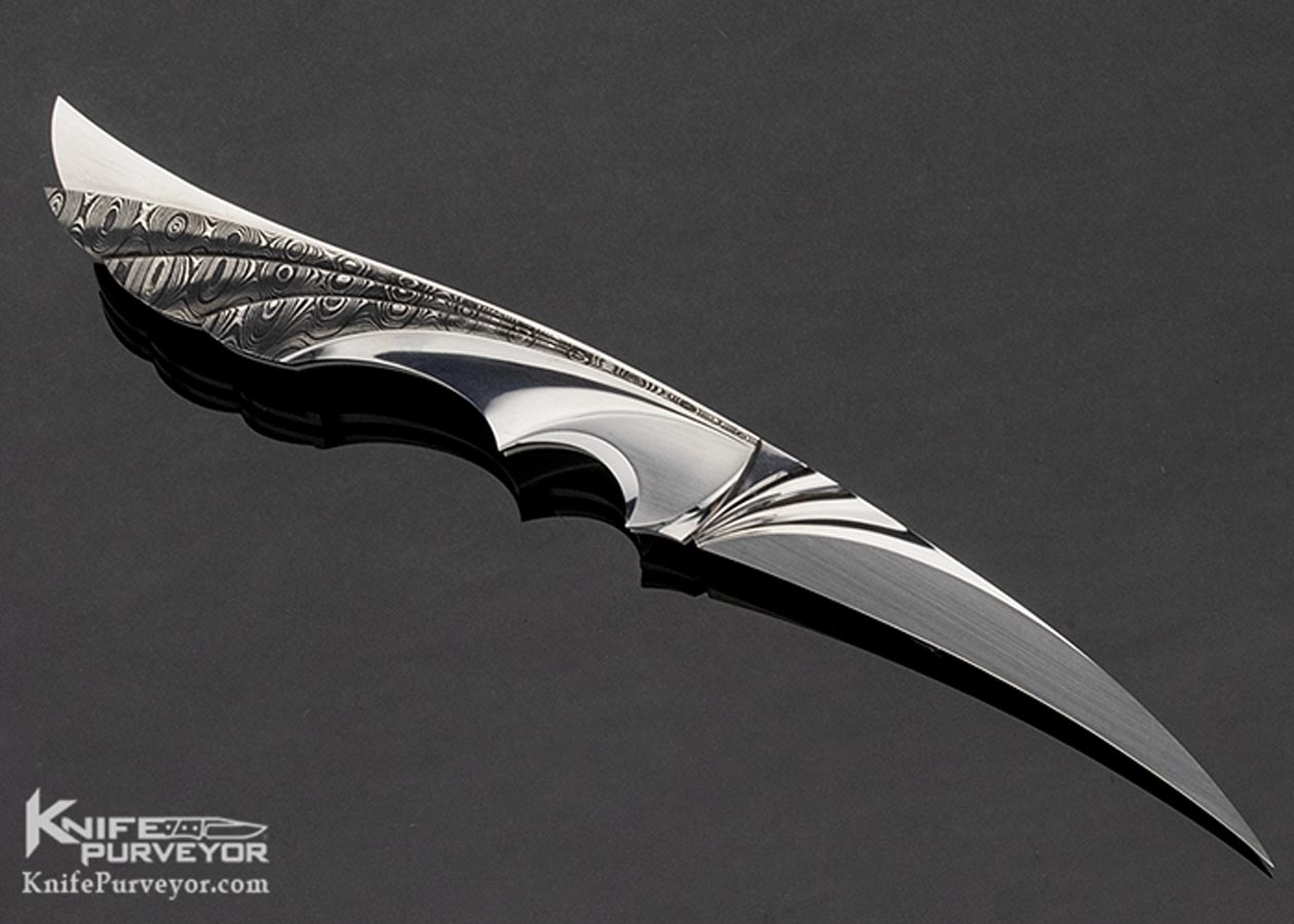 Wolfgang Loerchner Custom Knife Fluted Stainless Steel and Damascus Lockback Wing - Image 4