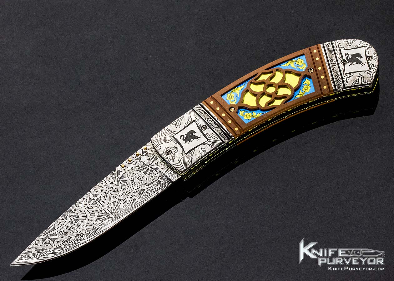 Anders Hedlund Custom Knife Carved and Mosaic Damascus Linerlock 11473