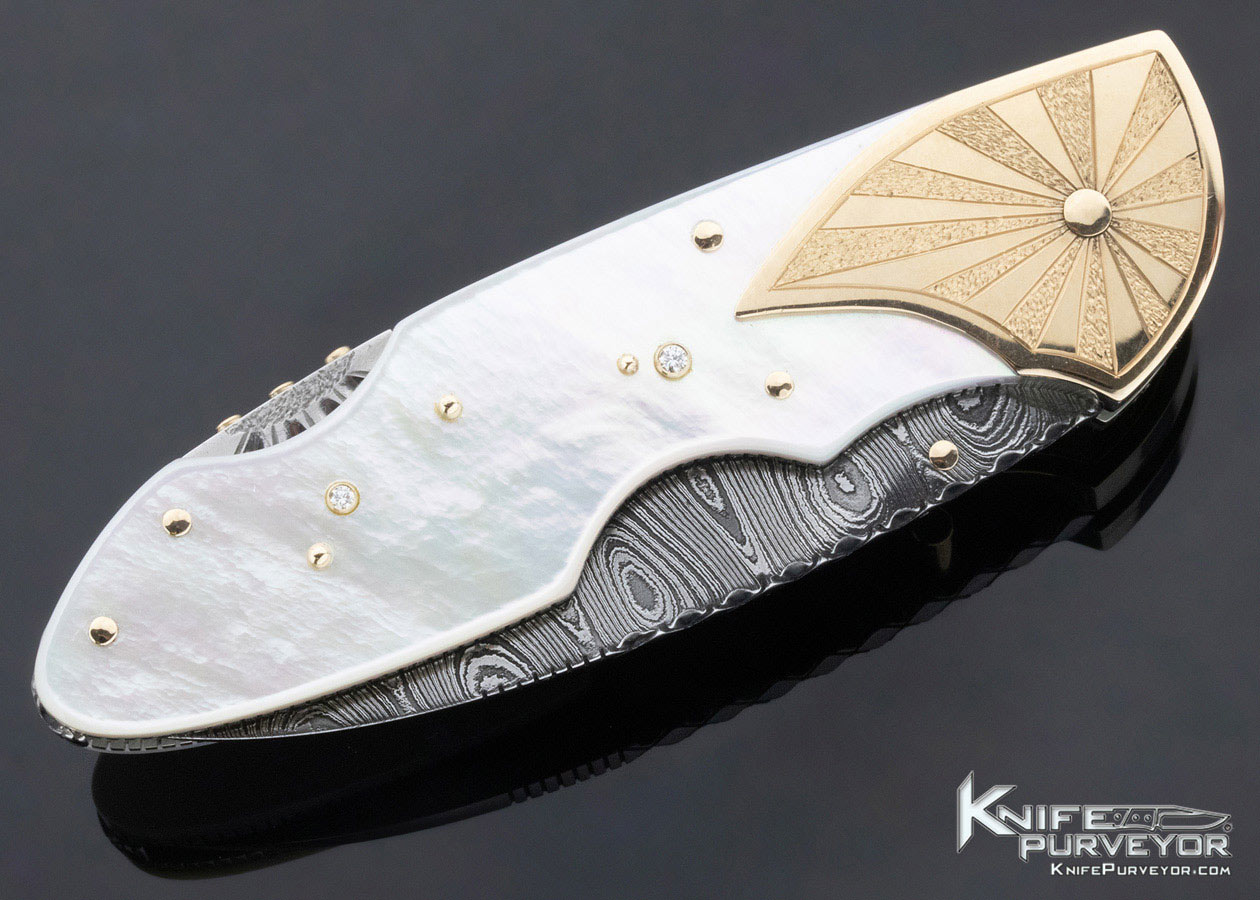 Dellana Custom Knife Damascus 14Kt Gold Diamonds Mother of Pearl Shell 2003 AKI "Sunspots" Lockback - Image 3