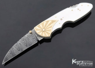 Dellana Custom Knife Damascus 14Kt Gold Diamonds Mother of Pearl Shell 2003 AKI "Sunspots" Lockback 11269