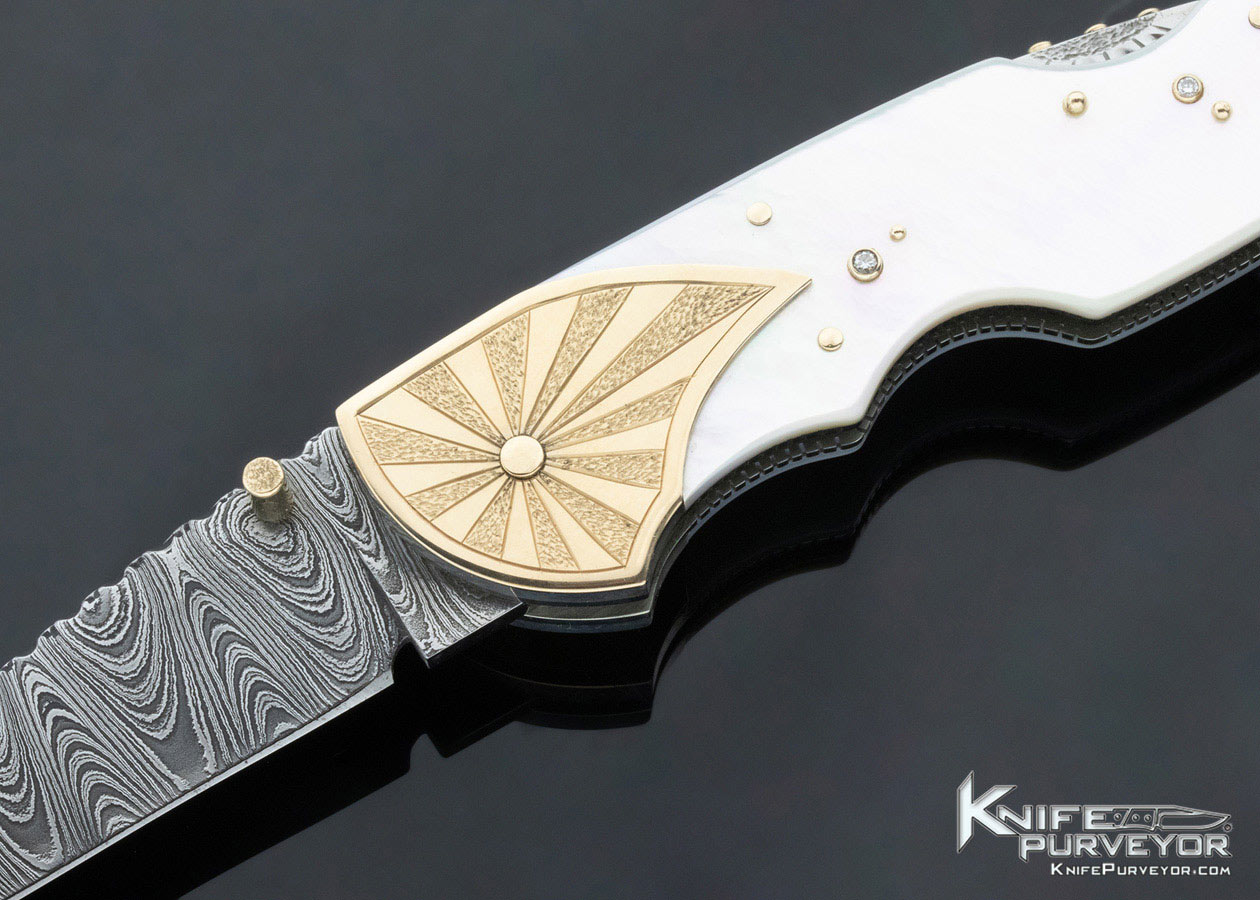 Dellana Custom Knife Damascus 14Kt Gold Diamonds Mother of Pearl Shell 2003 AKI "Sunspots" Lockback - Image 2