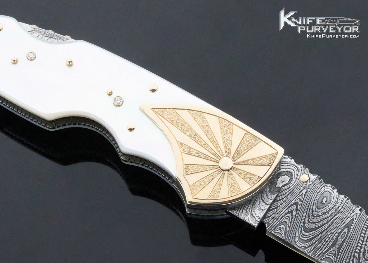 Dellana Custom Knife Damascus 14Kt Gold Diamonds Mother of Pearl Shell 2003 AKI "Sunspots" Lockback - Image 5