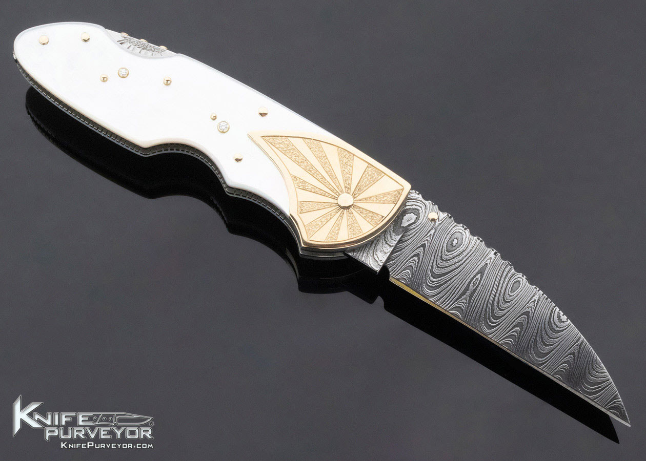 Dellana Custom Knife Damascus 14Kt Gold Diamonds Mother of Pearl Shell 2003 AKI "Sunspots" Lockback - Image 4