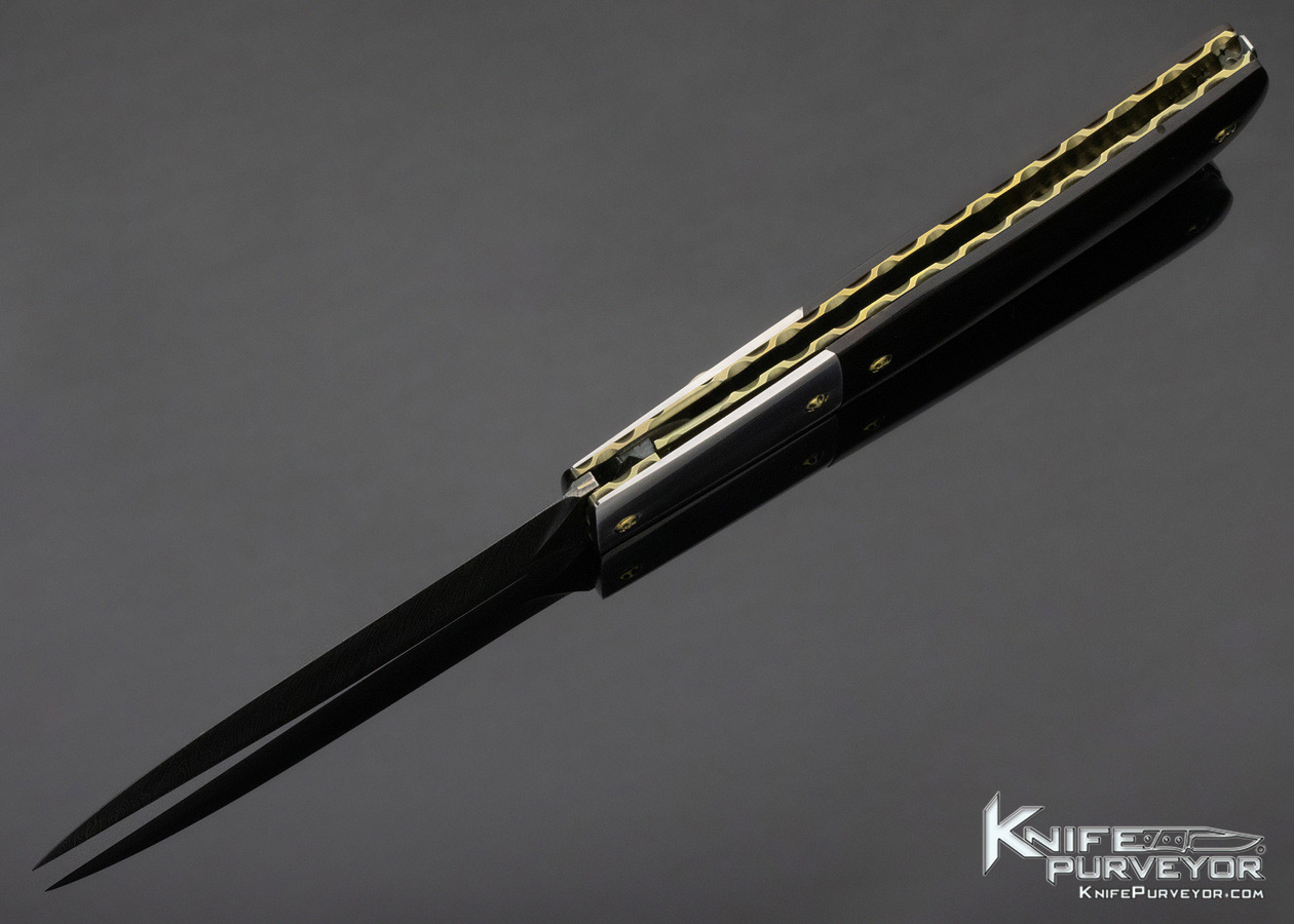 Jack Davenport Custom Knife Damascus & Black Buffalo Horn Button Release Automatic Linerlock Scrimshawed by Susan Davenport - Image 7