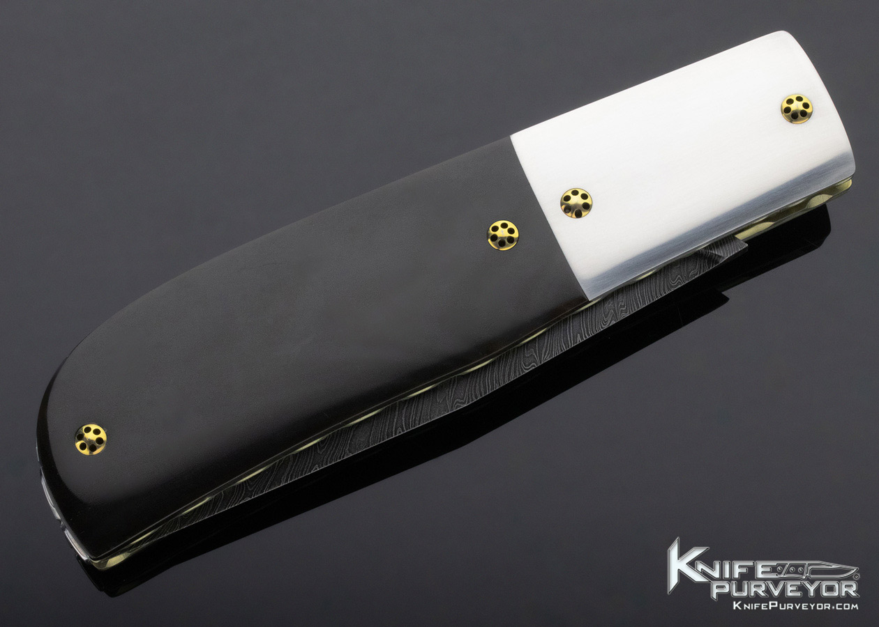 Jack Davenport Custom Knife Damascus & Black Buffalo Horn Button Release Automatic Linerlock Scrimshawed by Susan Davenport - Image 3