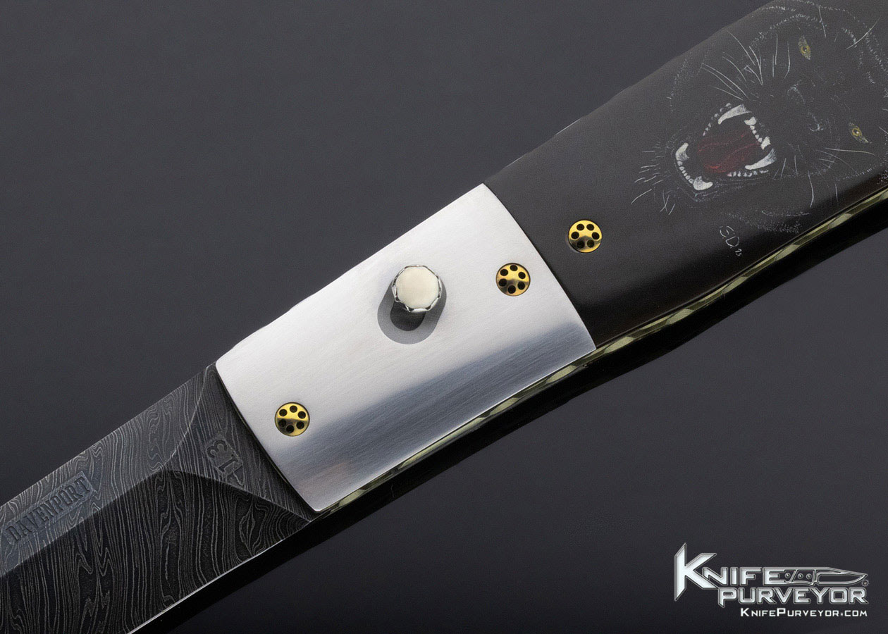 Jack Davenport Custom Knife Damascus & Black Buffalo Horn Button Release Automatic Linerlock Scrimshawed by Susan Davenport - Image 2