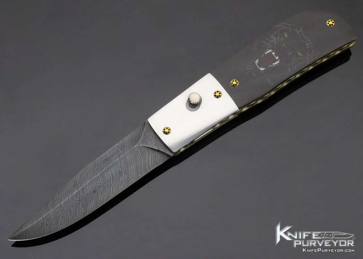 Jack Davenport Custom Knife Damascus & Black Buffalo Horn Button Release Automatic Linerlock Scrimshawed by Susan Davenport 11469