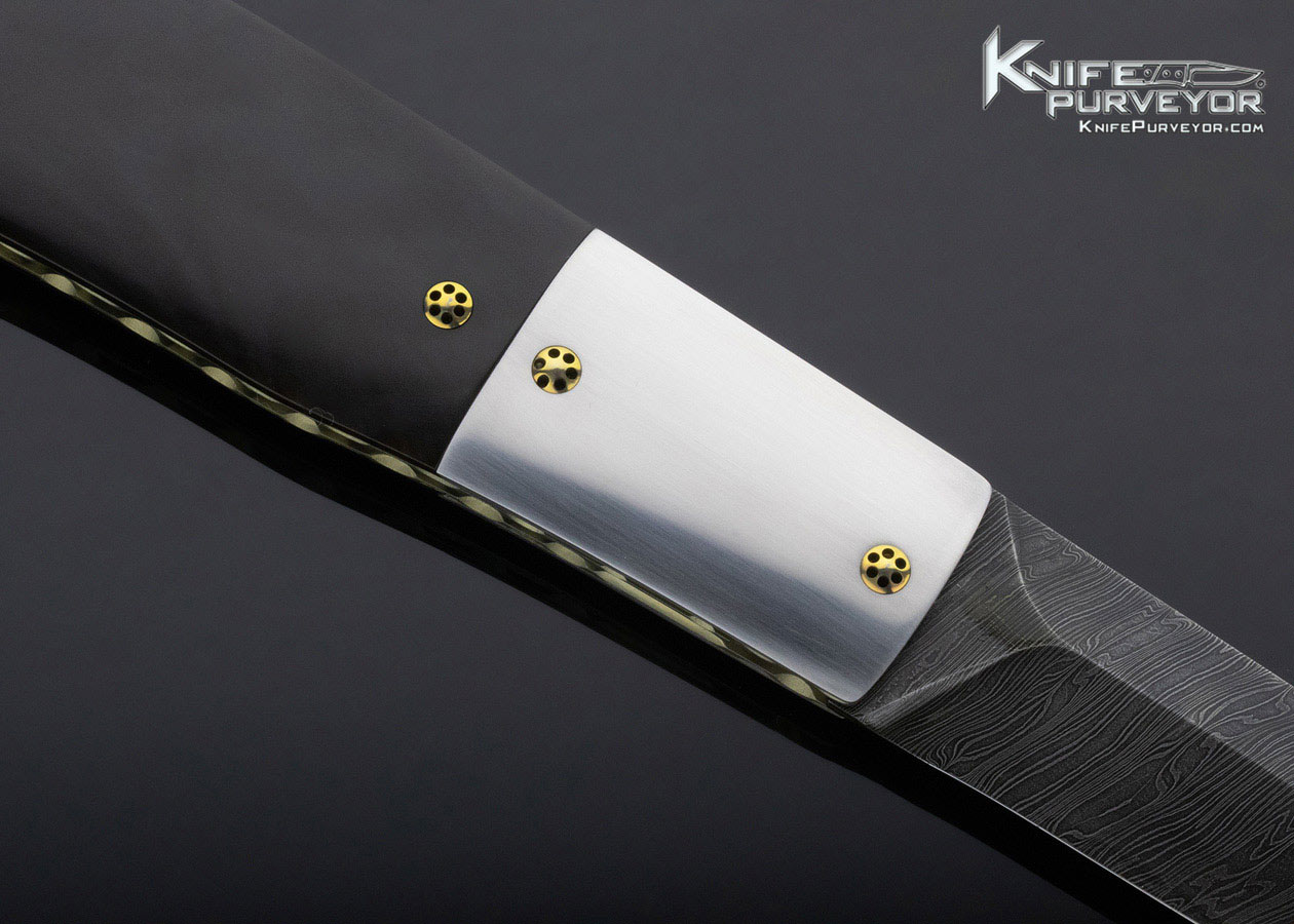 Jack Davenport Custom Knife Damascus & Black Buffalo Horn Button Release Automatic Linerlock Scrimshawed by Susan Davenport - Image 5