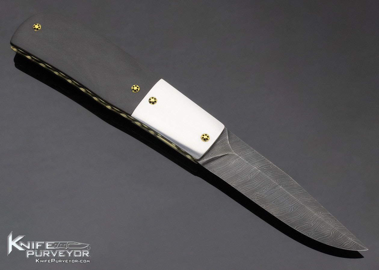 Jack Davenport Custom Knife Damascus & Black Buffalo Horn Button Release Automatic Linerlock Scrimshawed by Susan Davenport - Image 4