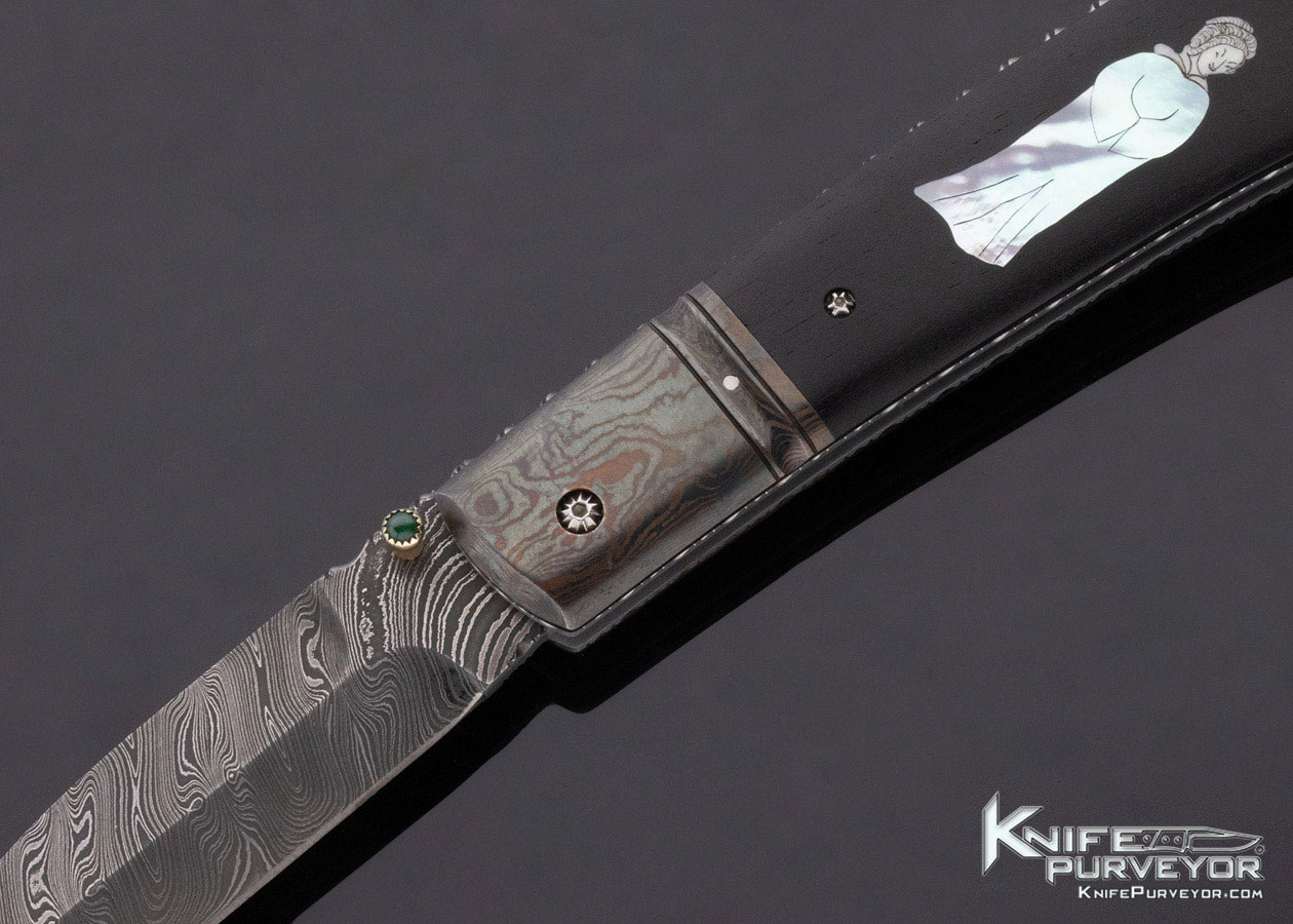 Jim Turecek Custom Knife Blackwood and Damascus with Carved Pearl Inlay Lockback - Image 2