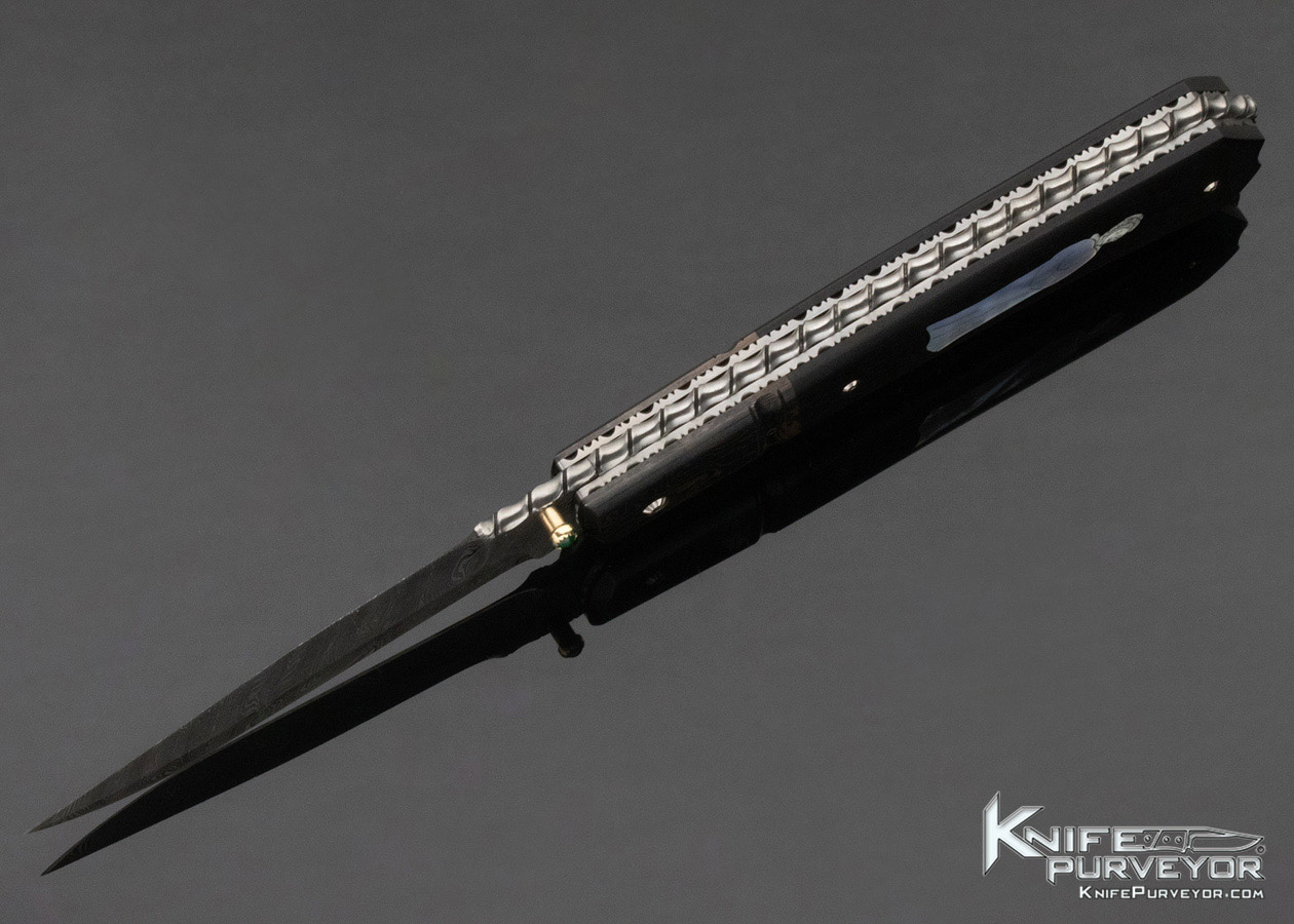 Jim Turecek Custom Knife Blackwood and Damascus with Carved Pearl Inlay Lockback - Image 6
