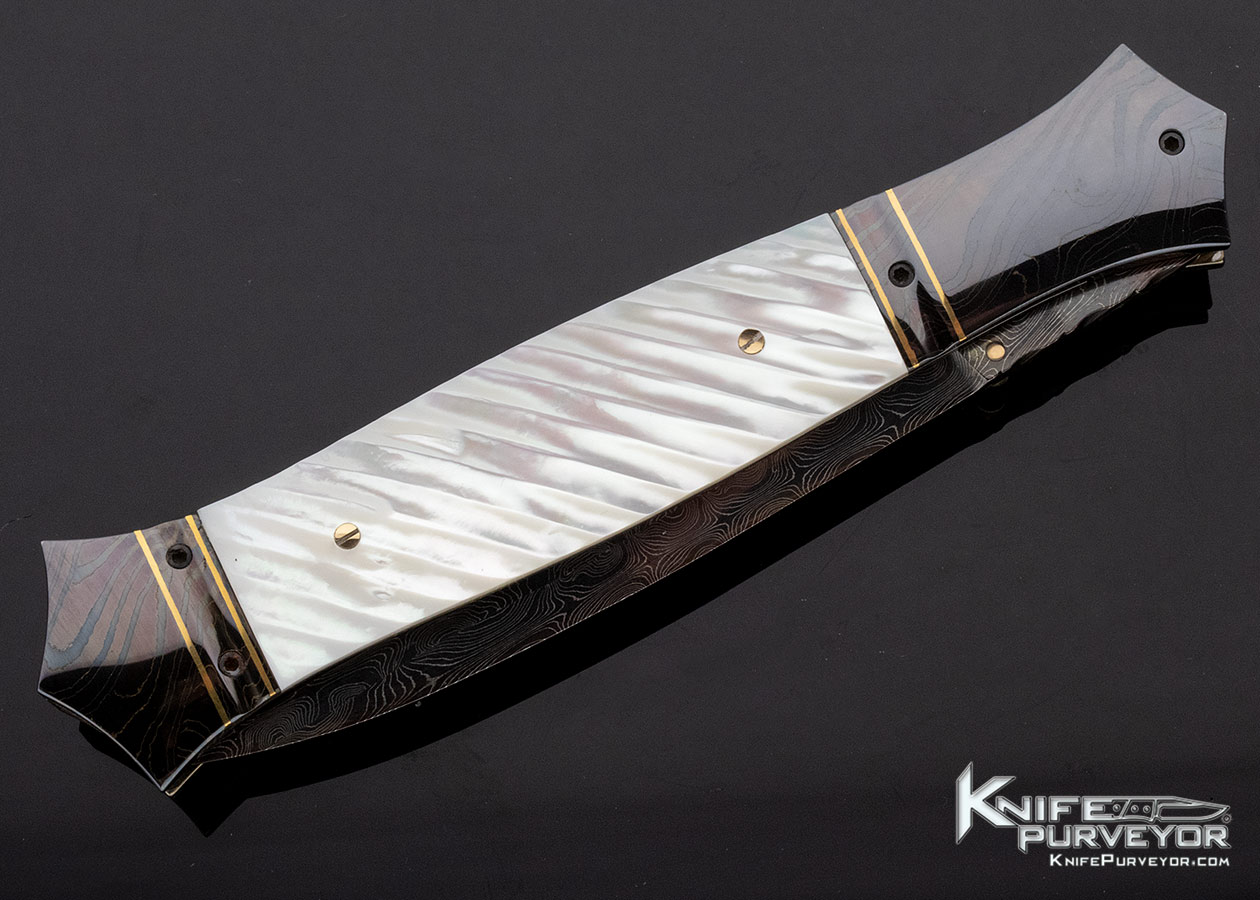 John W. Smith Custom Knife Blued Sole Authorship Damascus & Fluted Mother of Pearl Shell Linerlock Dagger - Image 3