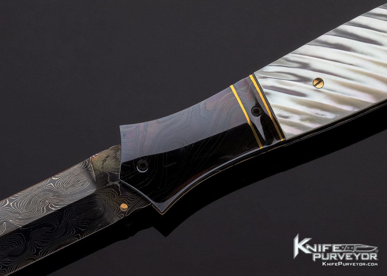 John W. Smith Custom Knife Blued Sole Authorship Damascus & Fluted Mother of Pearl Shell Linerlock Dagger - Image 2