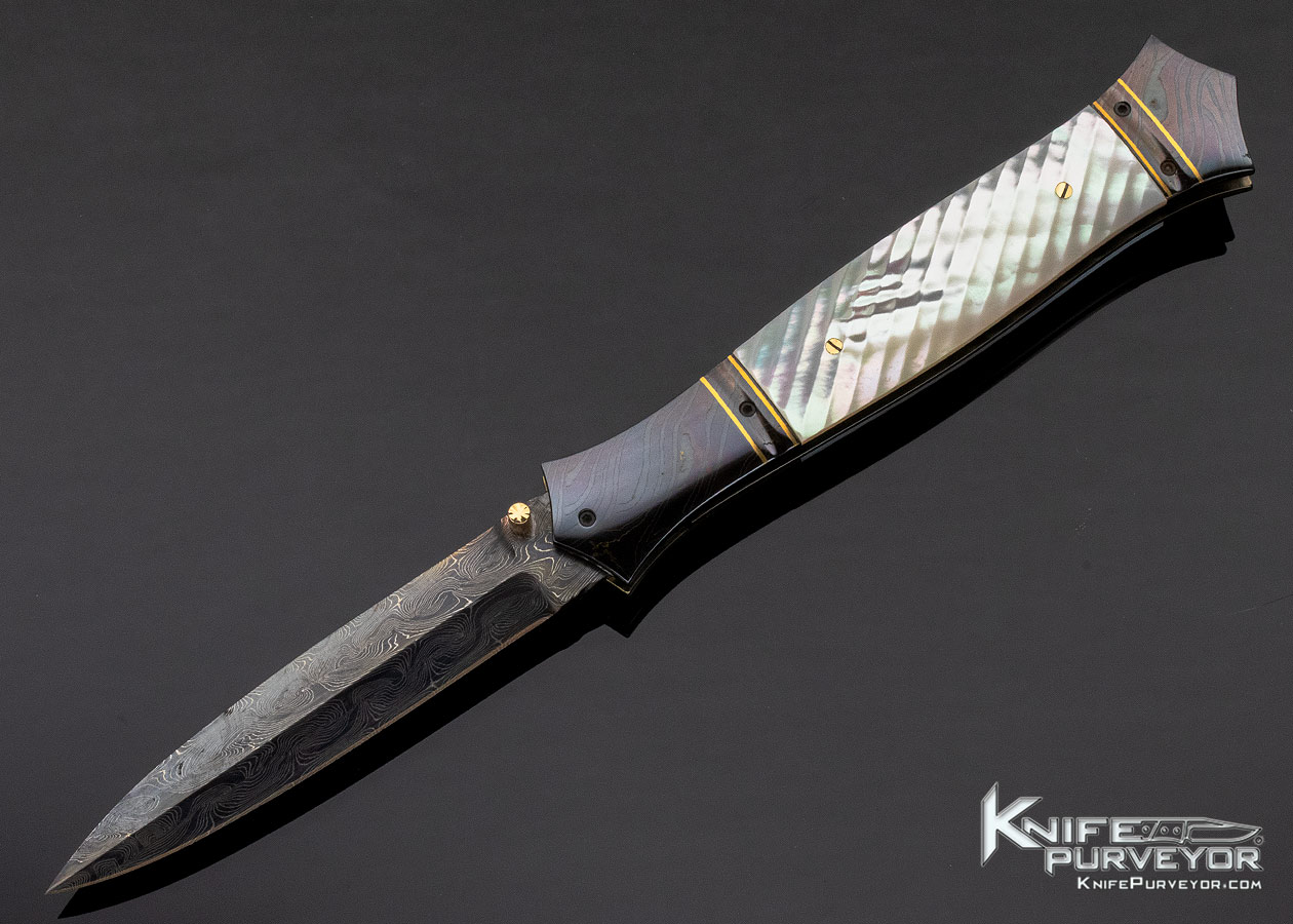 John W. Smith Custom Knife Blued Sole Authorship Damascus & Fluted Mother of Pearl Shell Linerlock Dagger 11398